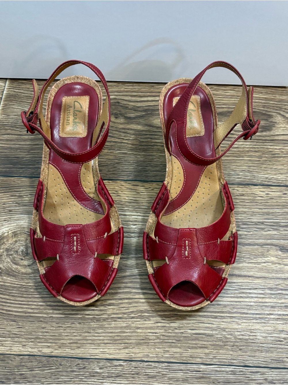 Clarks Artisan Red Leather Cork Wedge Slingback Sandals Buckle 6M - Picture 5 of 10